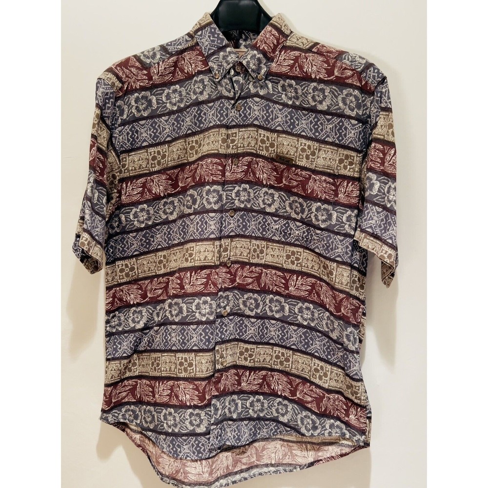 Woolrich Men's Hawaiian Print Button Down SS Shirt Gray Gold Burgundy Cruise LG‎
